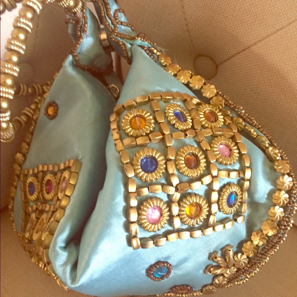 Elegant Beaded Jeweled Satin Wristlet Bag